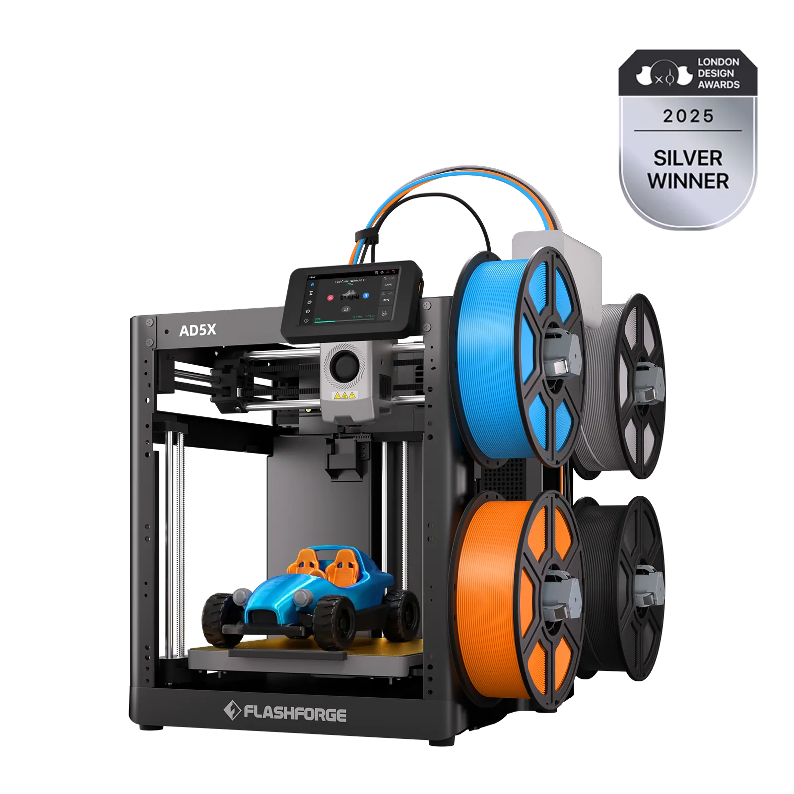 FlashForge AD5X with four filament spools loaded on its side rack