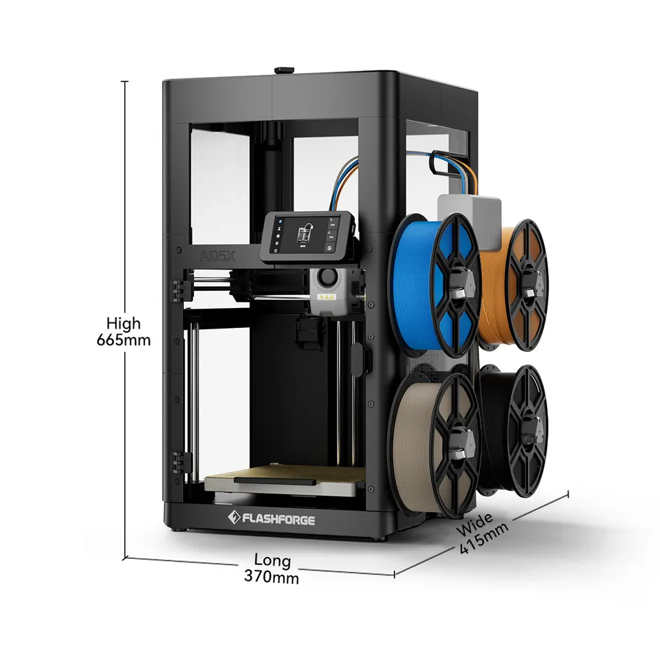 FlashForge AD5X fitted with the optional enclosure, dimensions marked