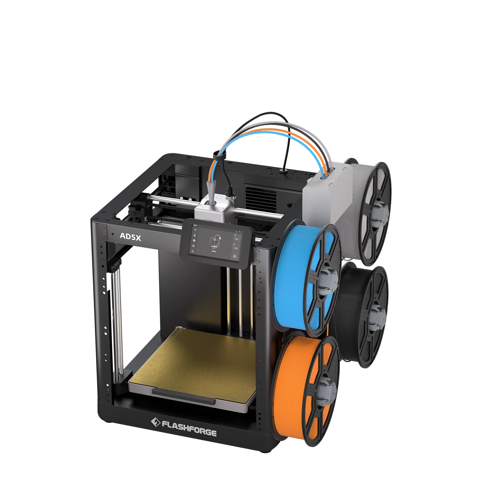 FlashForge AD5X with its textured PEI build plate visible